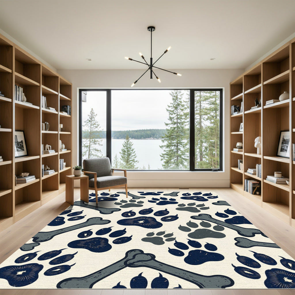 Playful Navy Paw Bone Illustration Rug