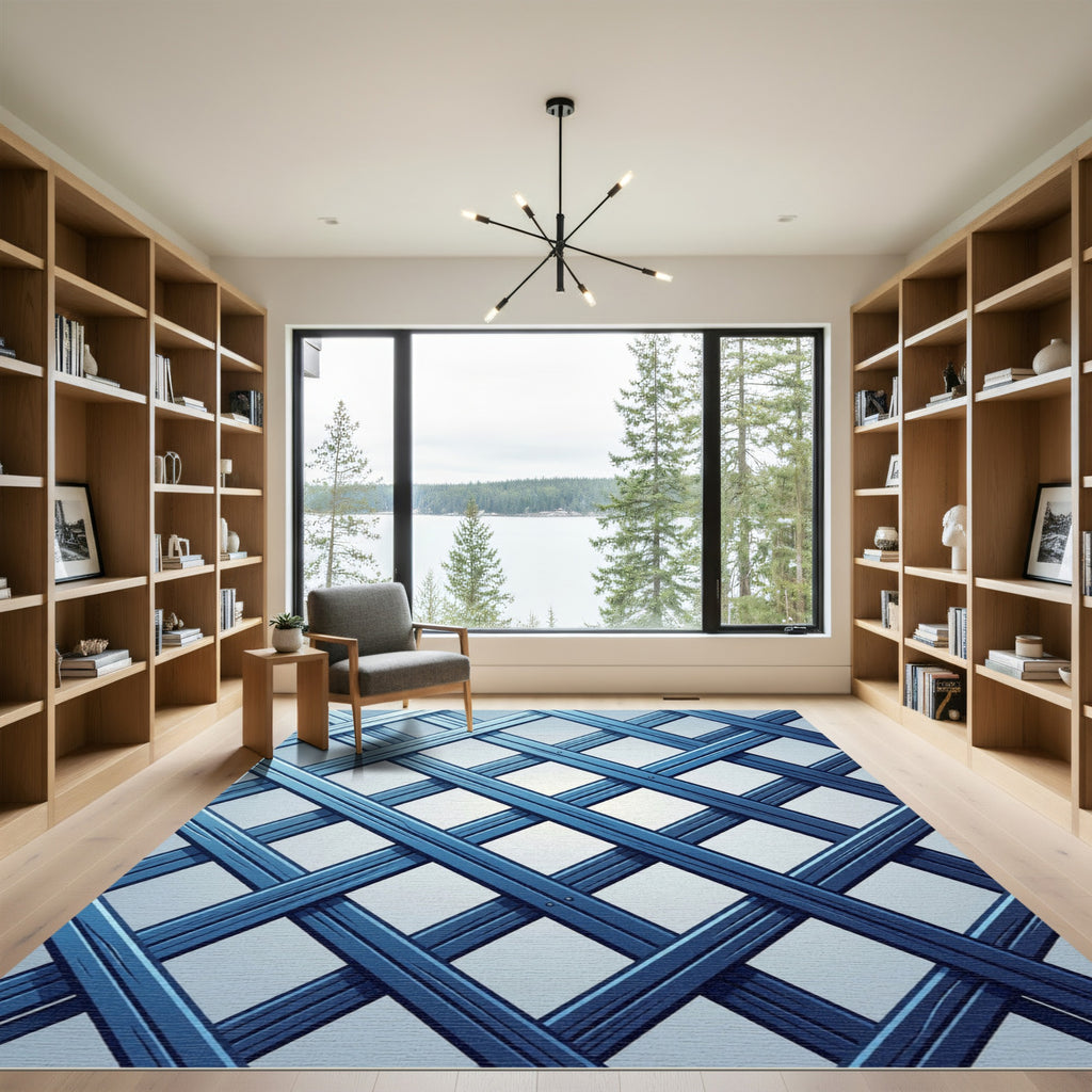 Geometric Navy Blue Lattice Grid Rug