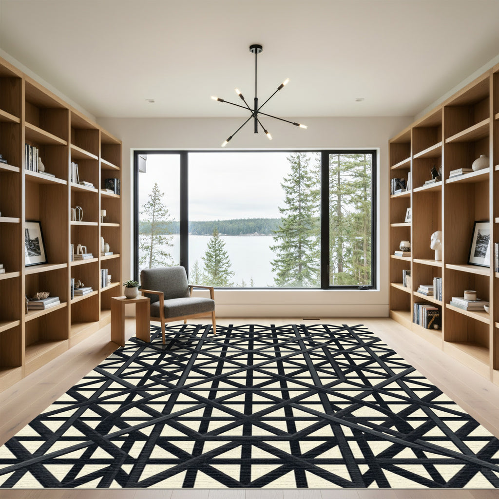 Modern Charcoal Interlocking Geometric Grid Rug