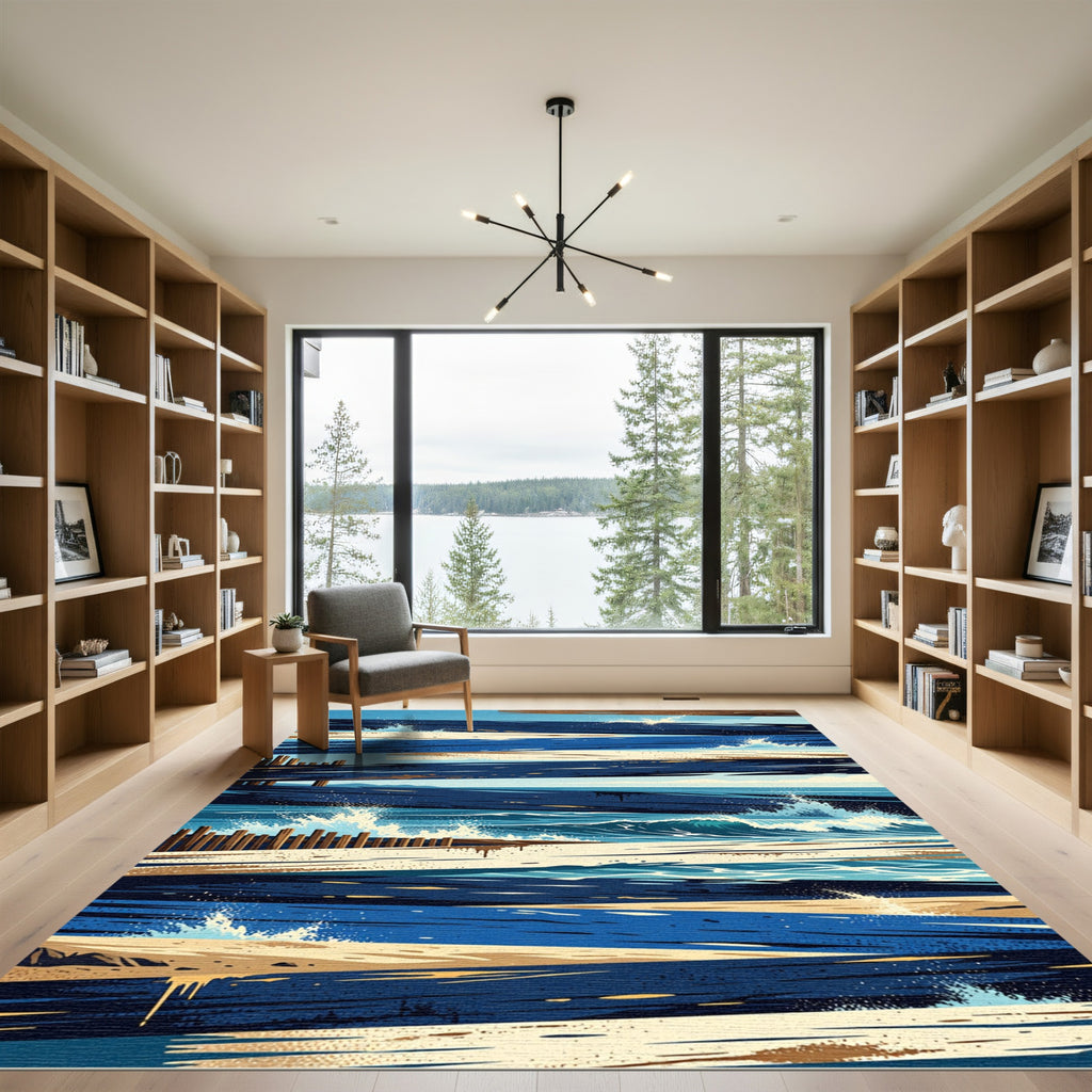 Coastal Navy and Sandy Beach Abstract Plank Rug