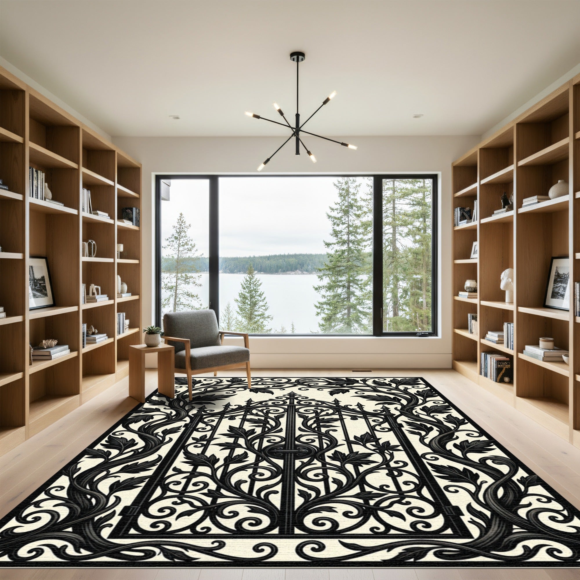 Gothic Black Iron Scroll Floral Arch Rug