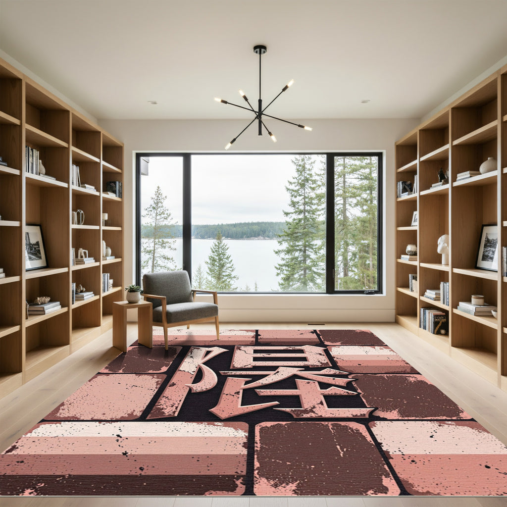 Rose Gold Grunge Brick Typography Rug