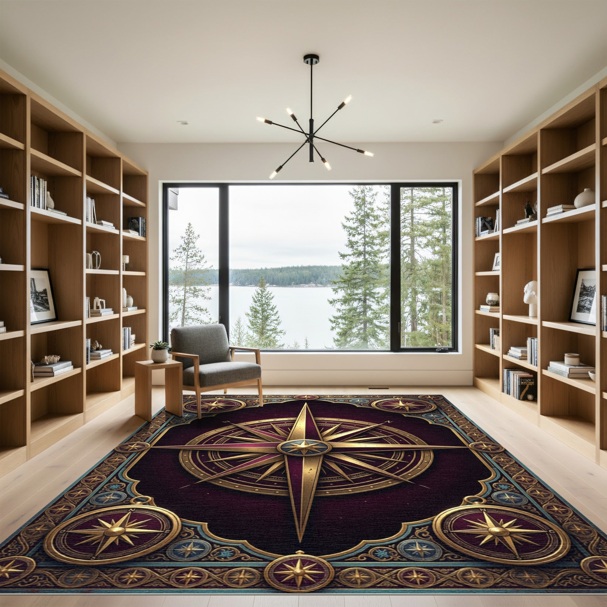 Regal Gold Compass Rose Maroon Tapestry Rug