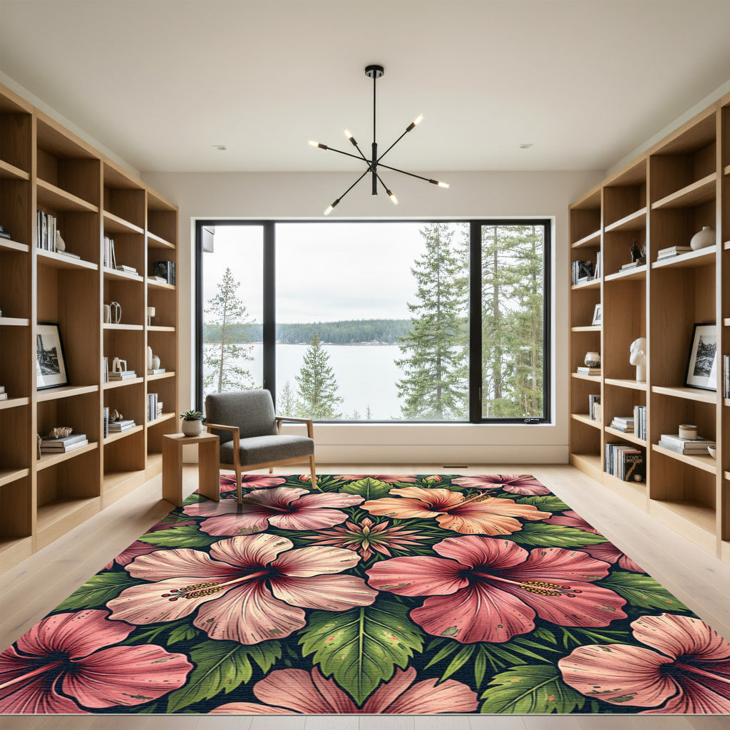Tropical Pink Hibiscus Floral Garden Rug
