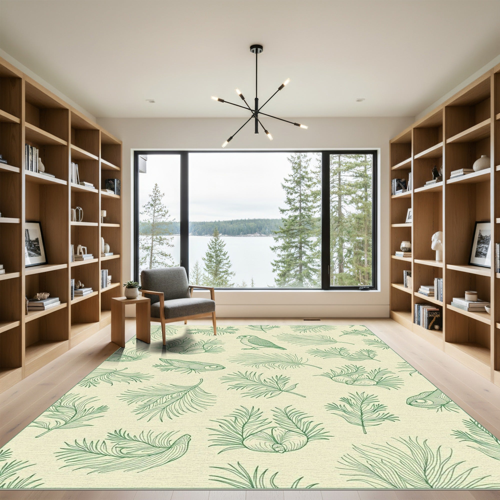 Green Bird and Feather Line Art Rug