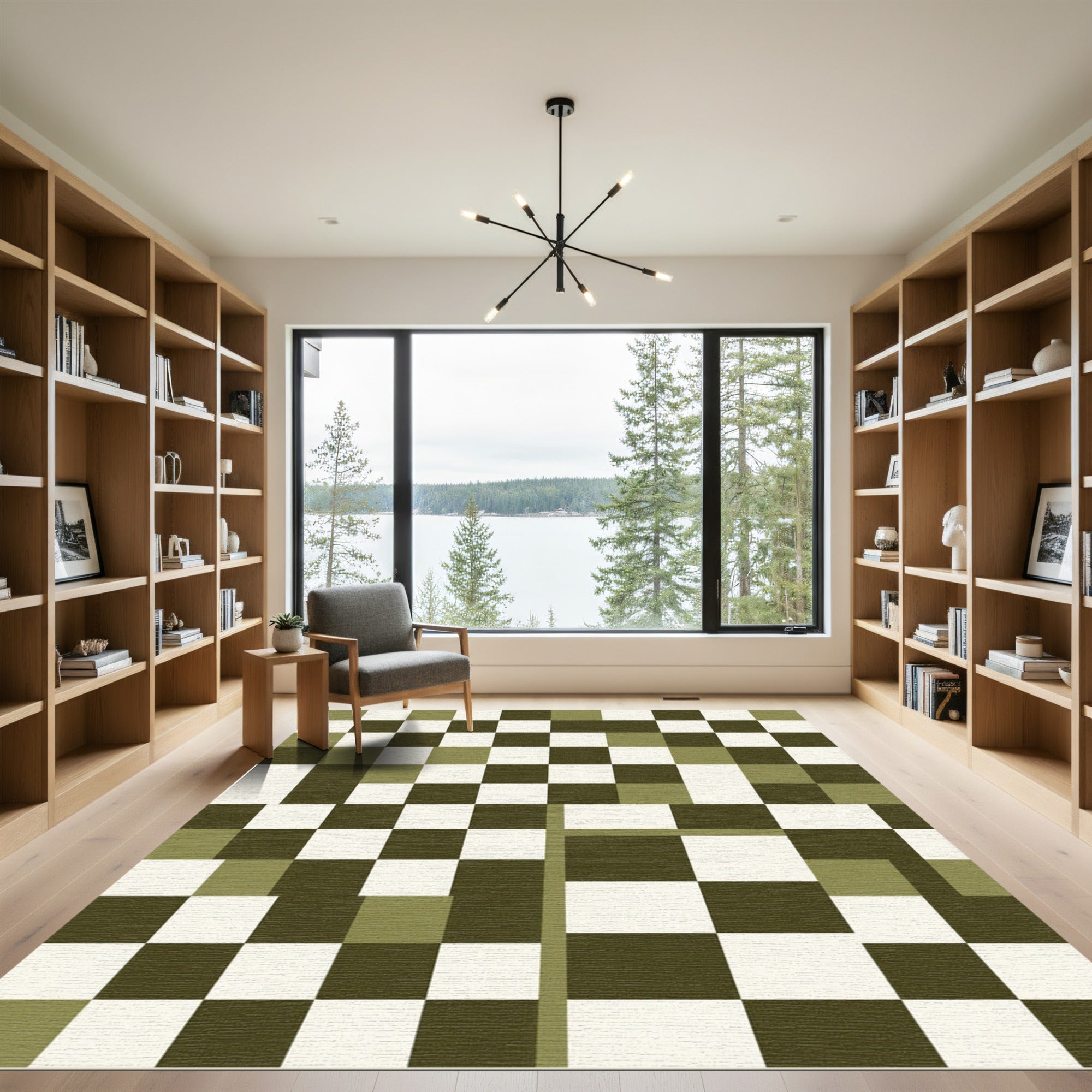 Olive Green Modern Abstract Checkerboard Rug