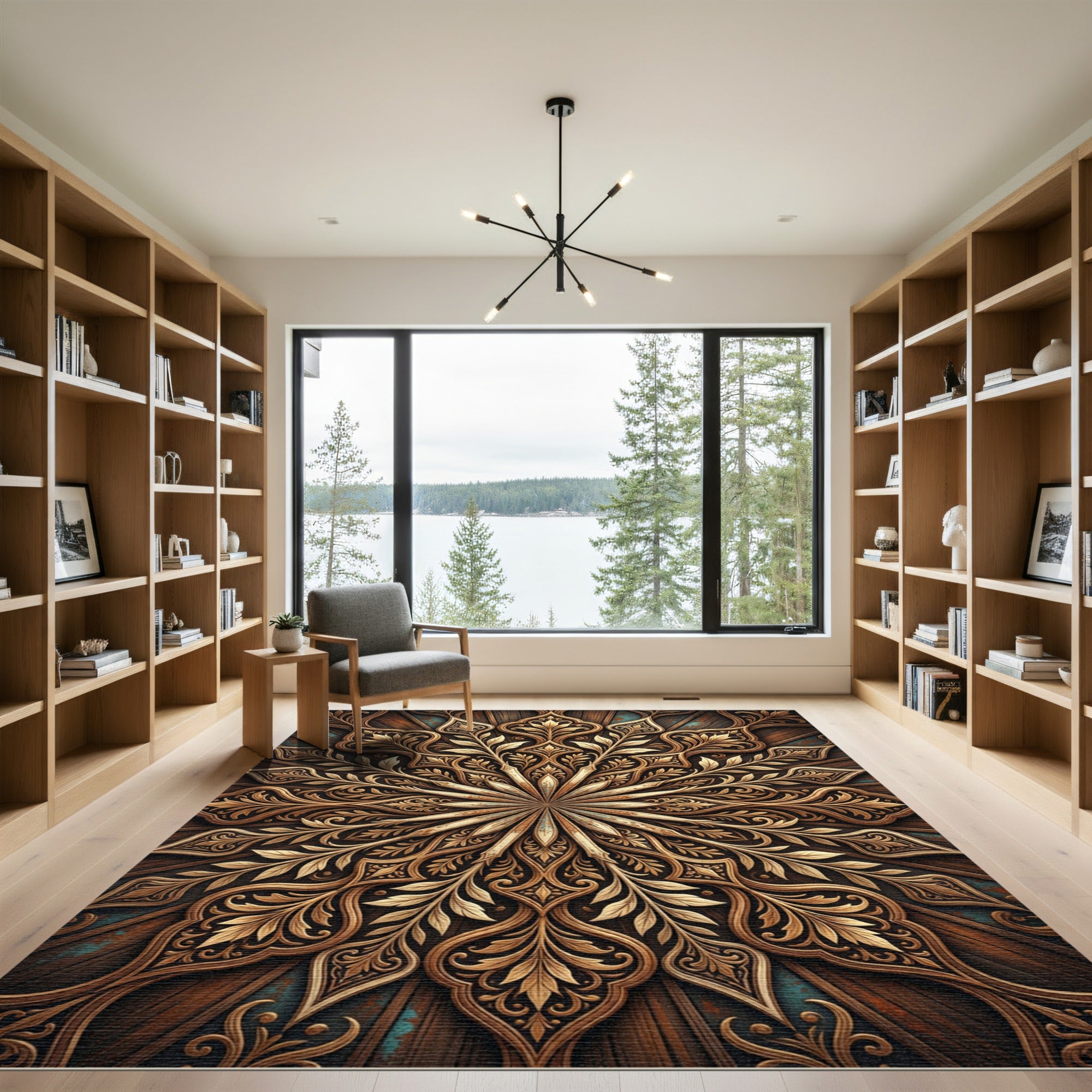 Ornate Golden Floral Radial Wood Texture Rug