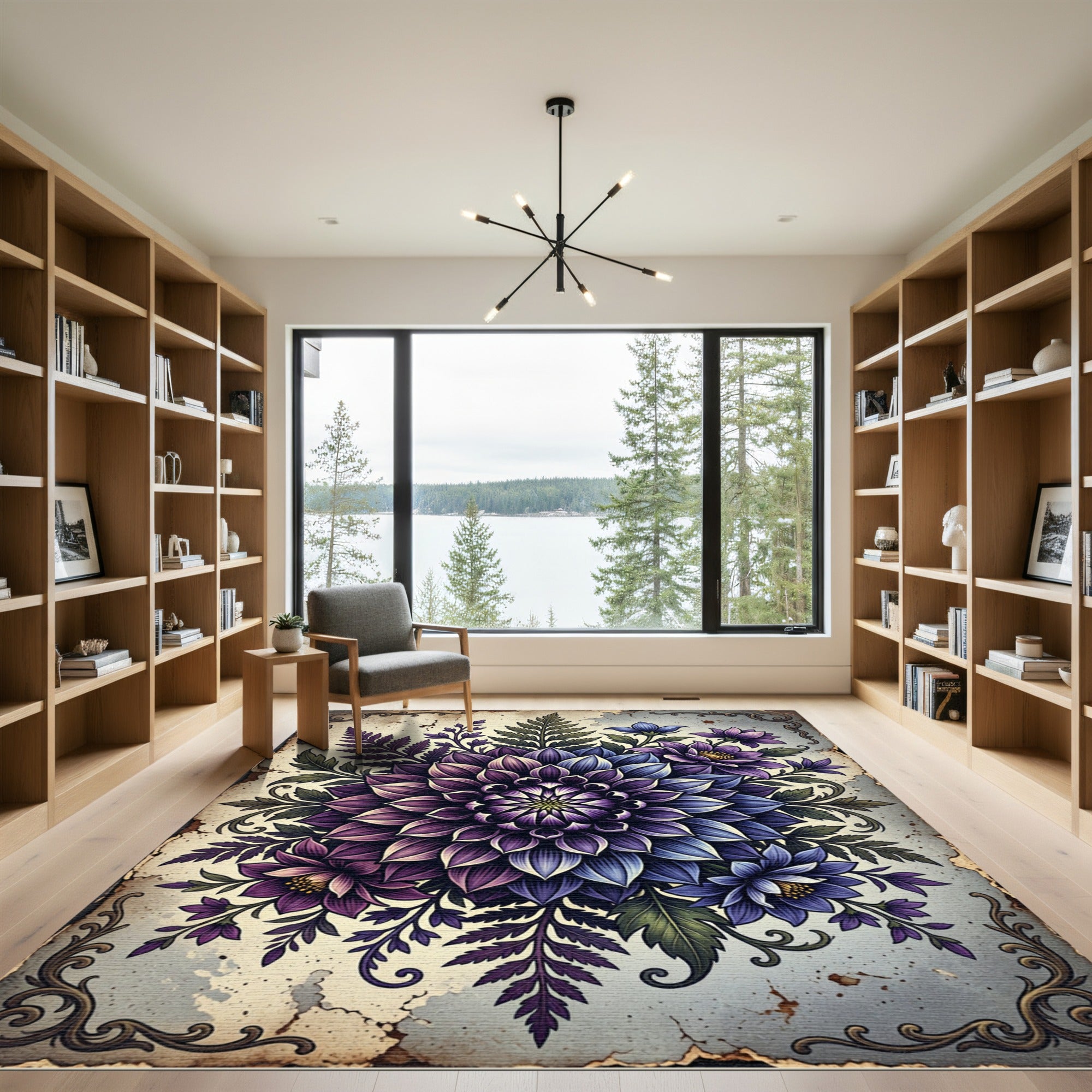 Elegant Purple Dahlia Botanical Medallion Rug
