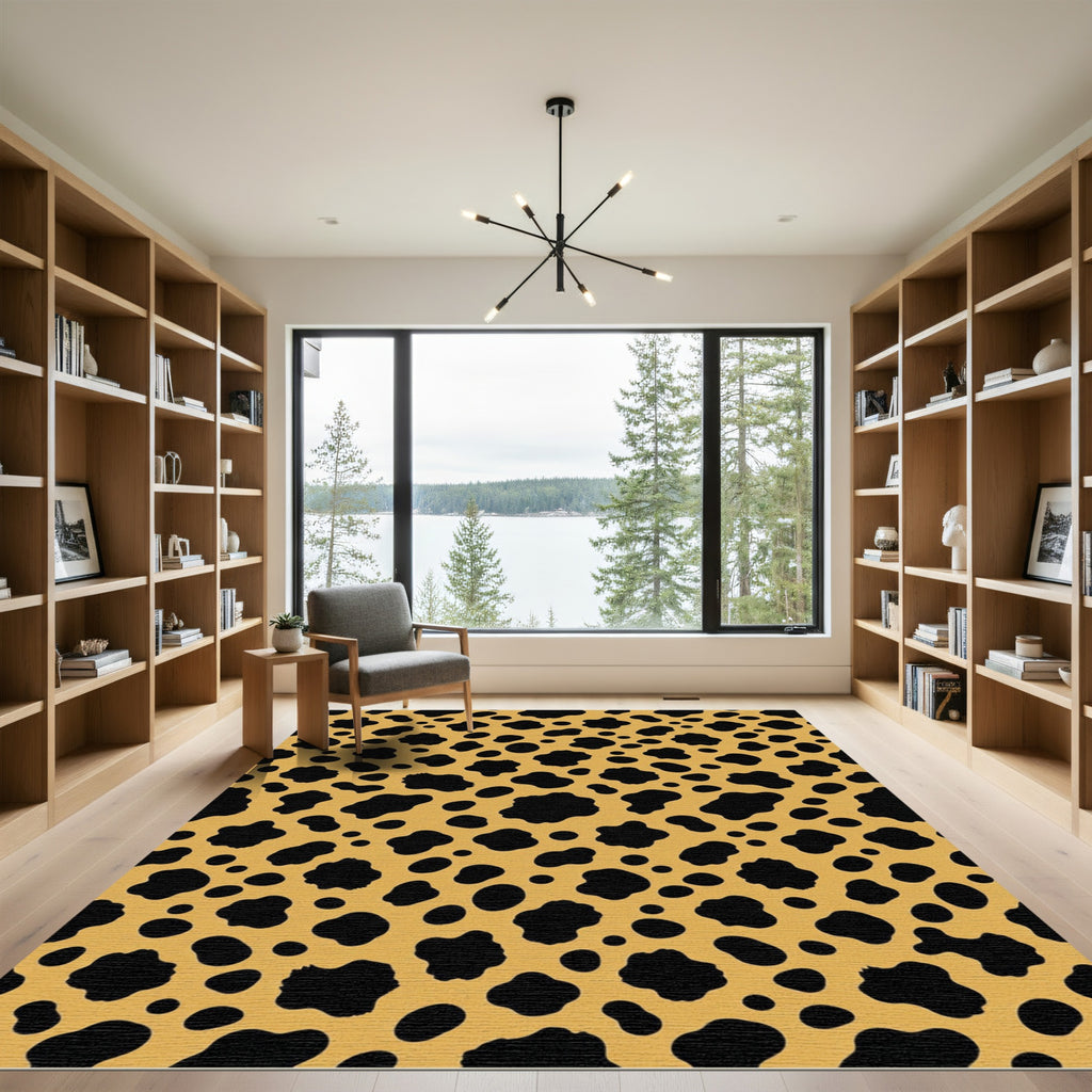 Golden Yellow Black Spotted Animal Hide Rug