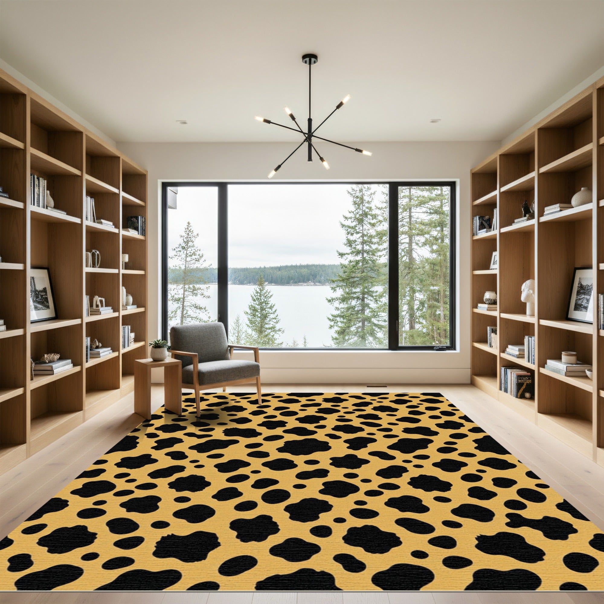 Golden Yellow Black Spotted Animal Hide Rug