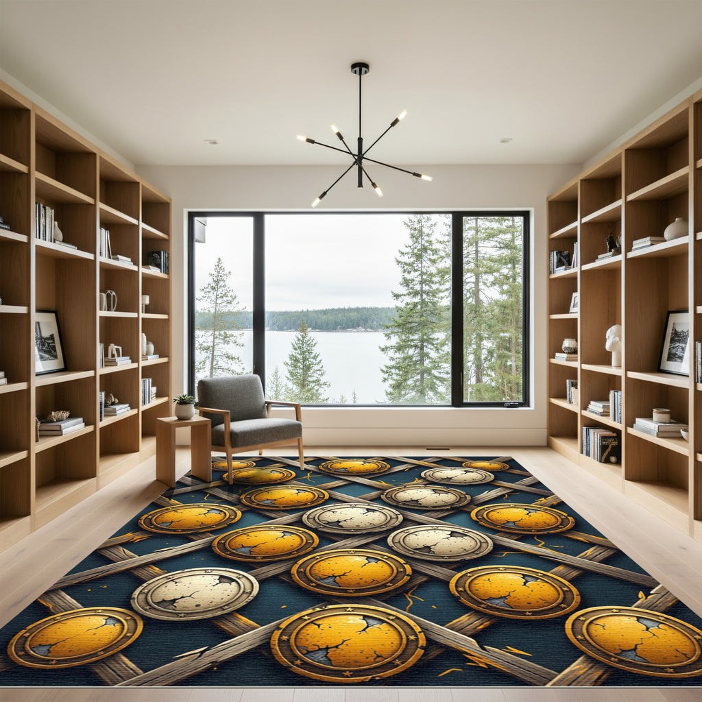 Cracked Golden Medallion Lattice Grid Rug