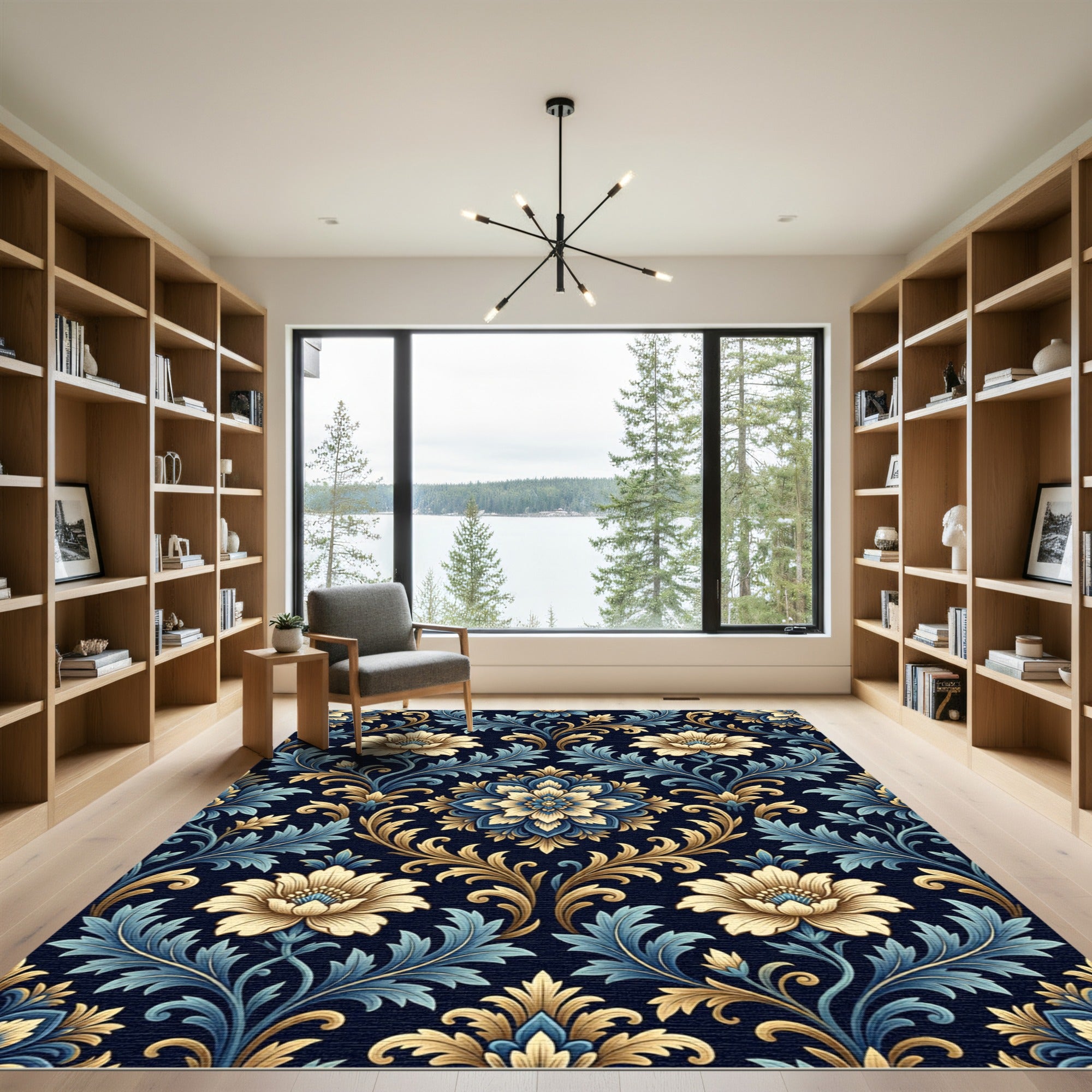 Antique Blue Golden Floral Damask Rug