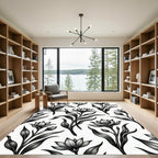 Elegant Monochrome Floral Botanical Illustration Rug