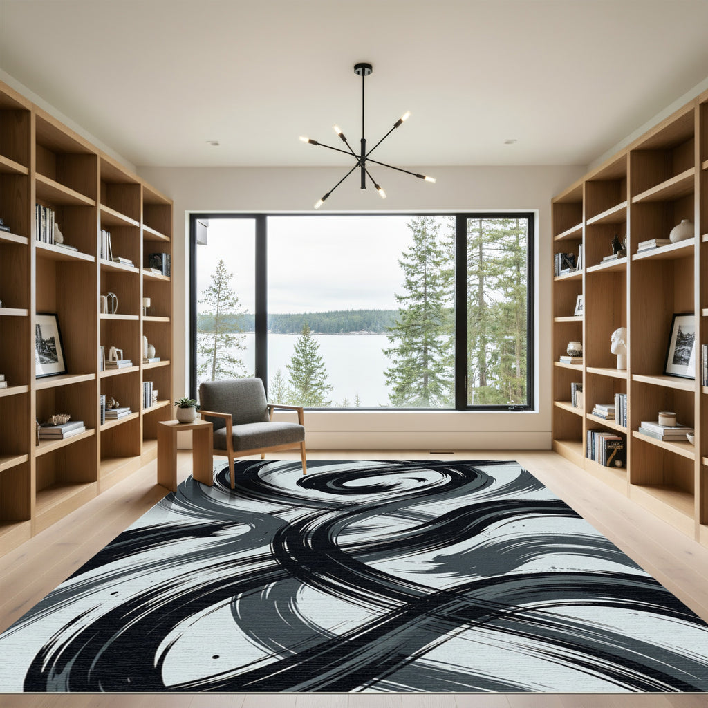 Modern Black and Gray Brushstroke Swirls Rug