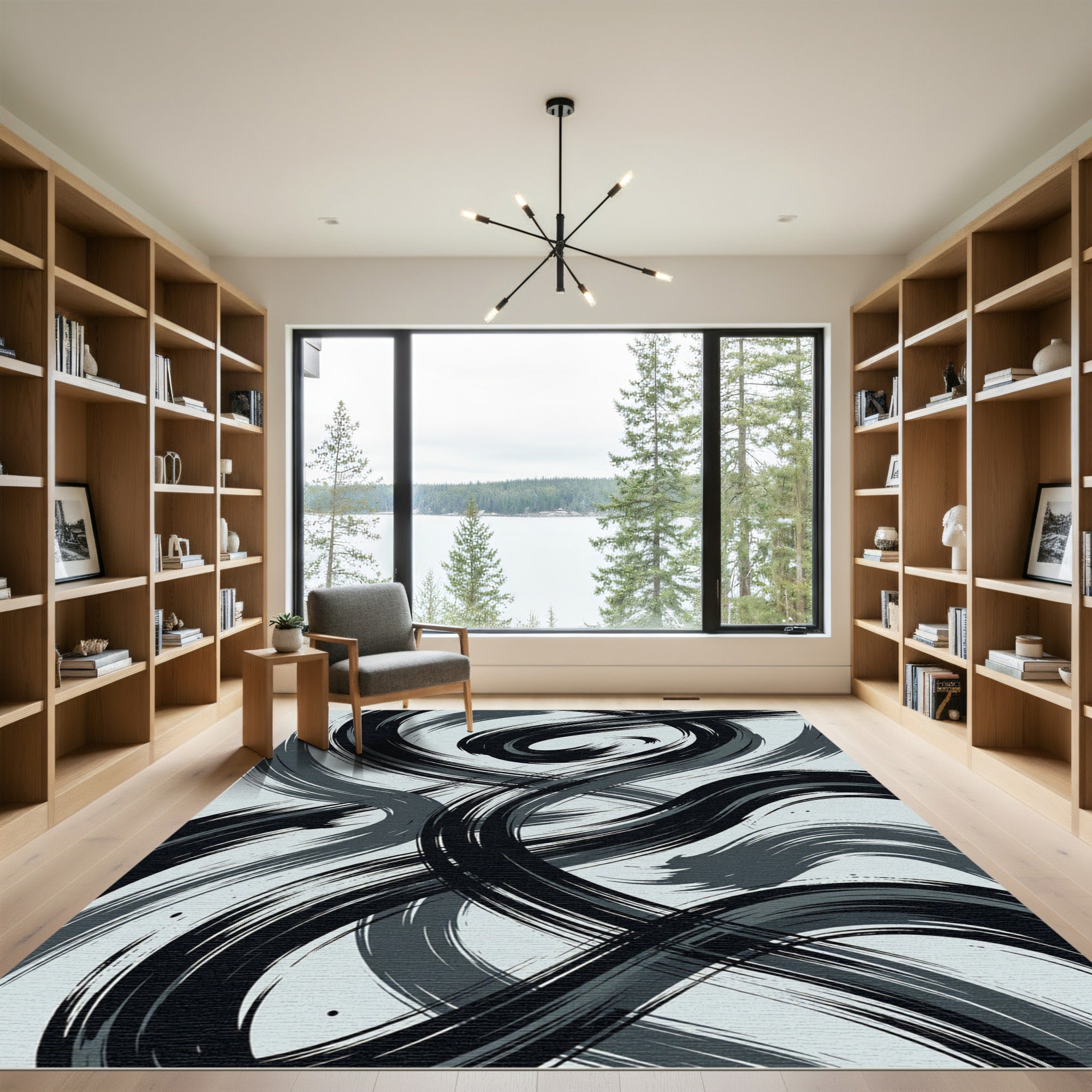 Modern Black and Gray Brushstroke Swirls Rug