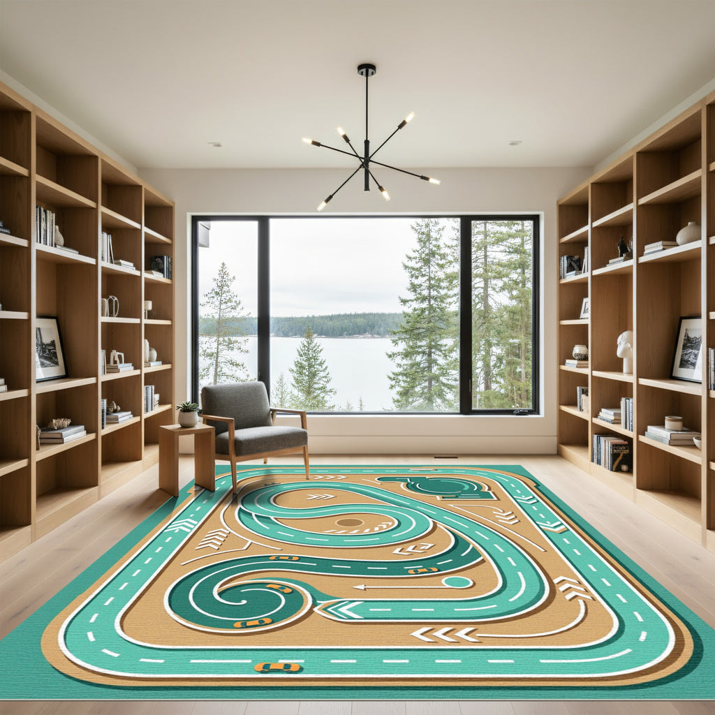 Playful Teal Automobile Race Track Rug