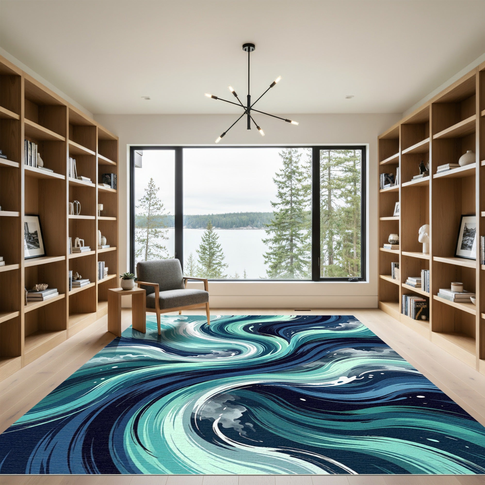 Swirling Teal and Navy Abstract Waves Rug