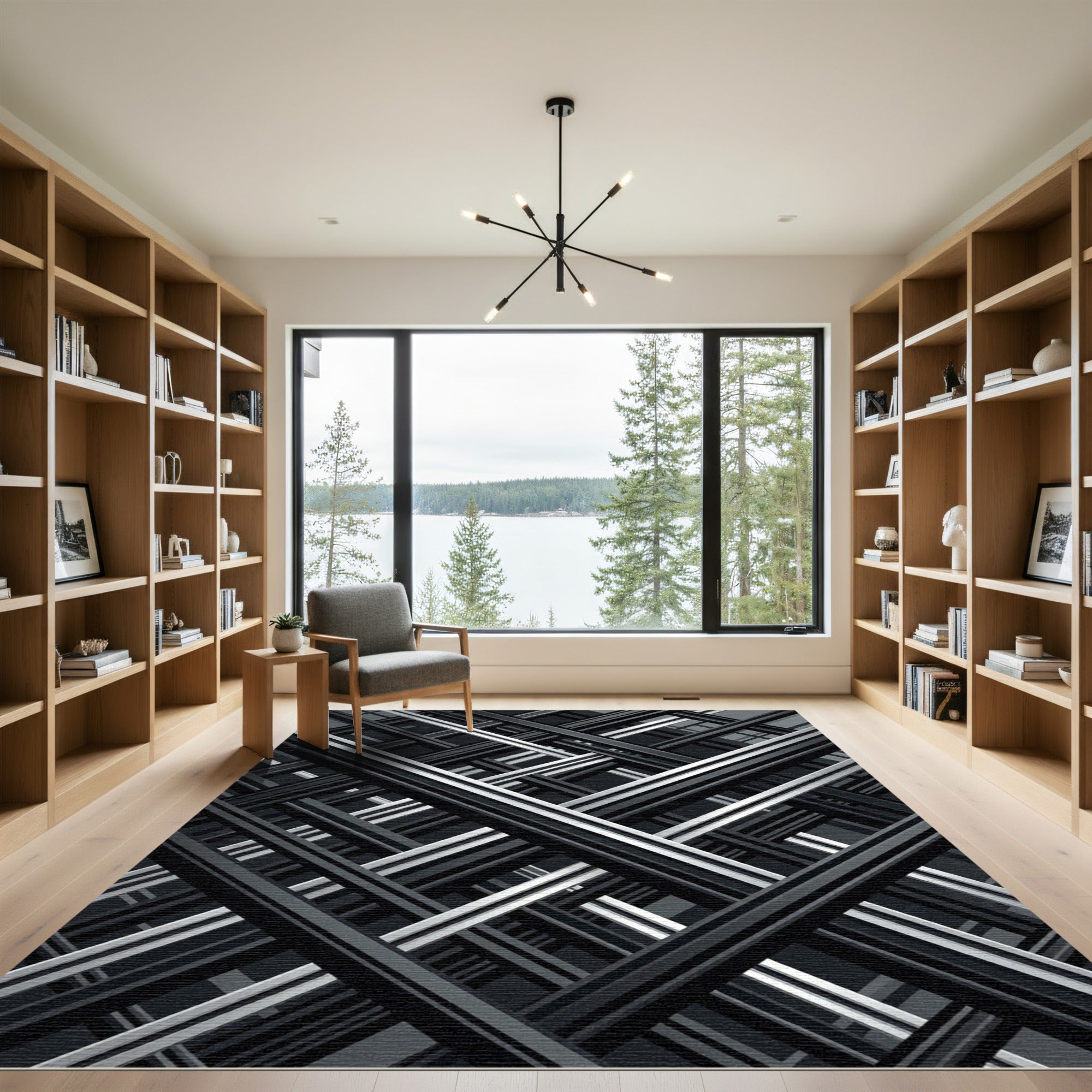 Modern Monochrome Linear Geometric Grid Rug