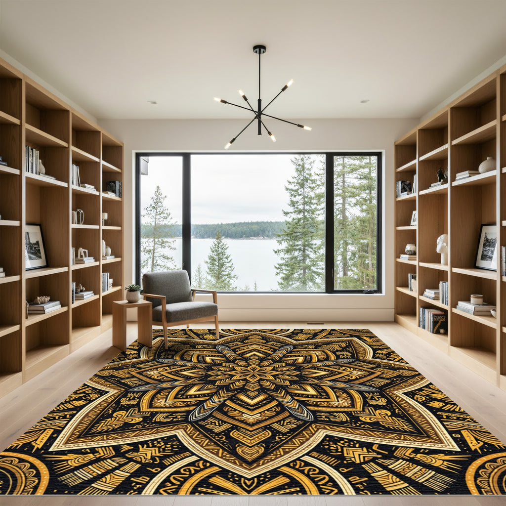 Gold Radiant Sunburst Geometric Mandala Rug