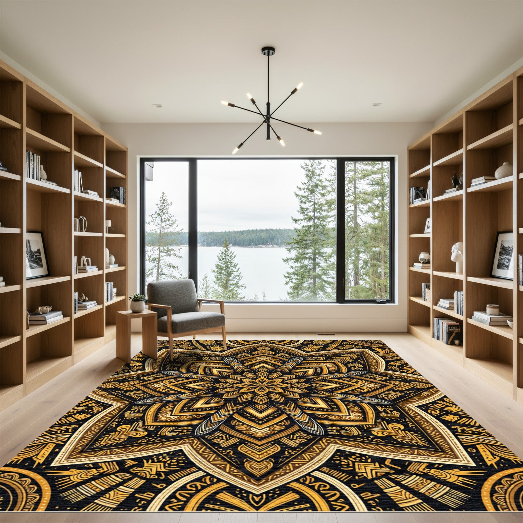 Gold Radiant Sunburst Geometric Mandala Rug