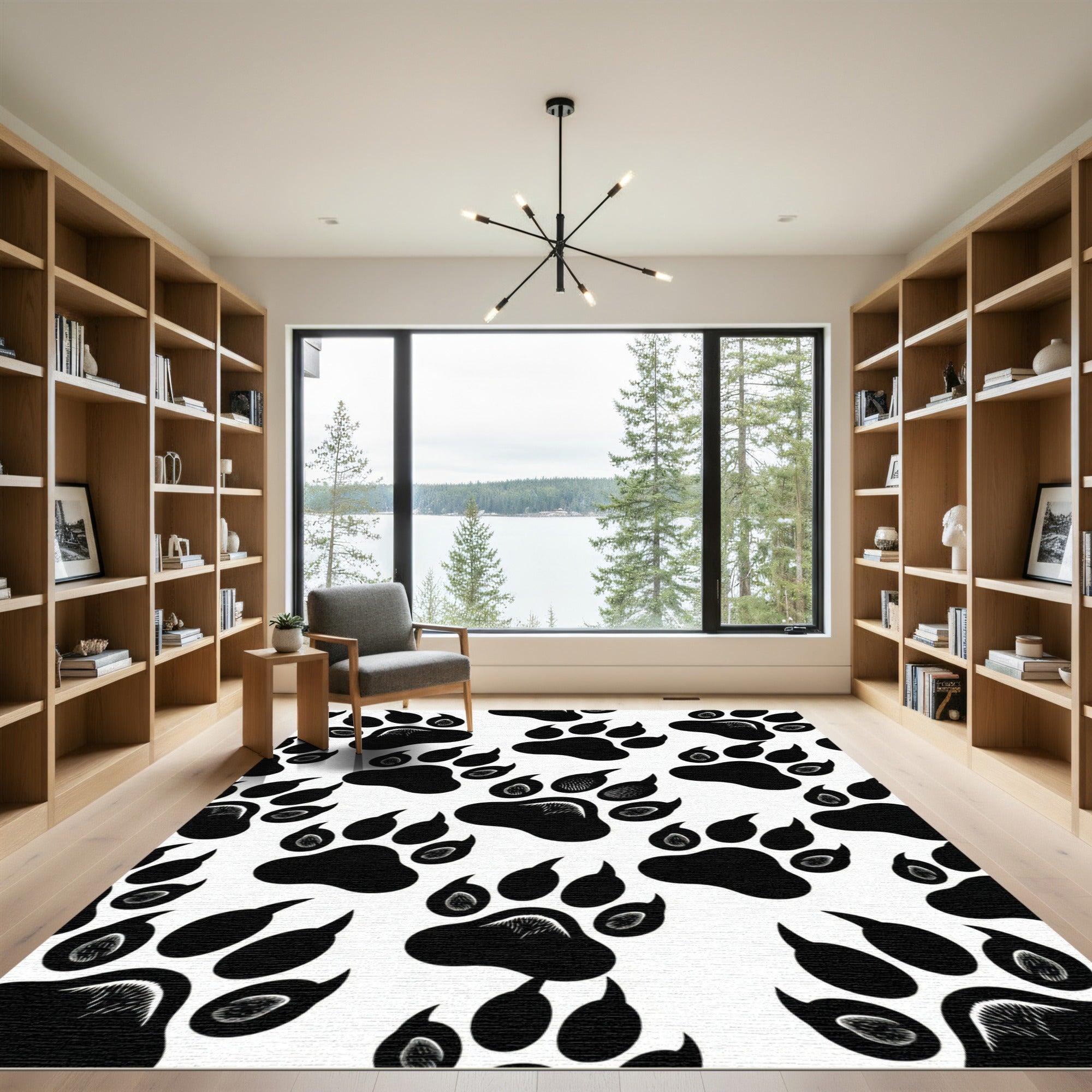 Bold Monochrome Animal Paw Track Rug