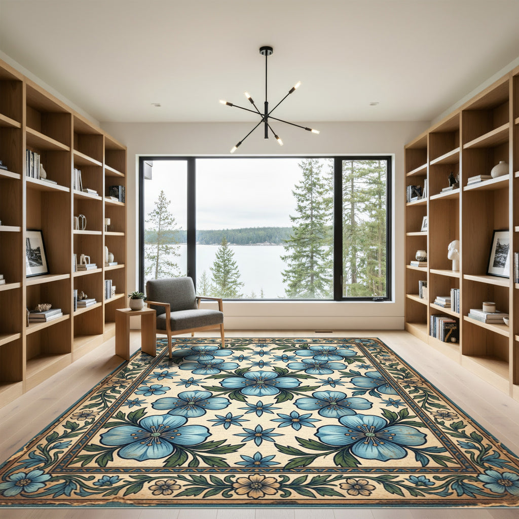 Vintage Blue Floral Botanical Tapestry Rug