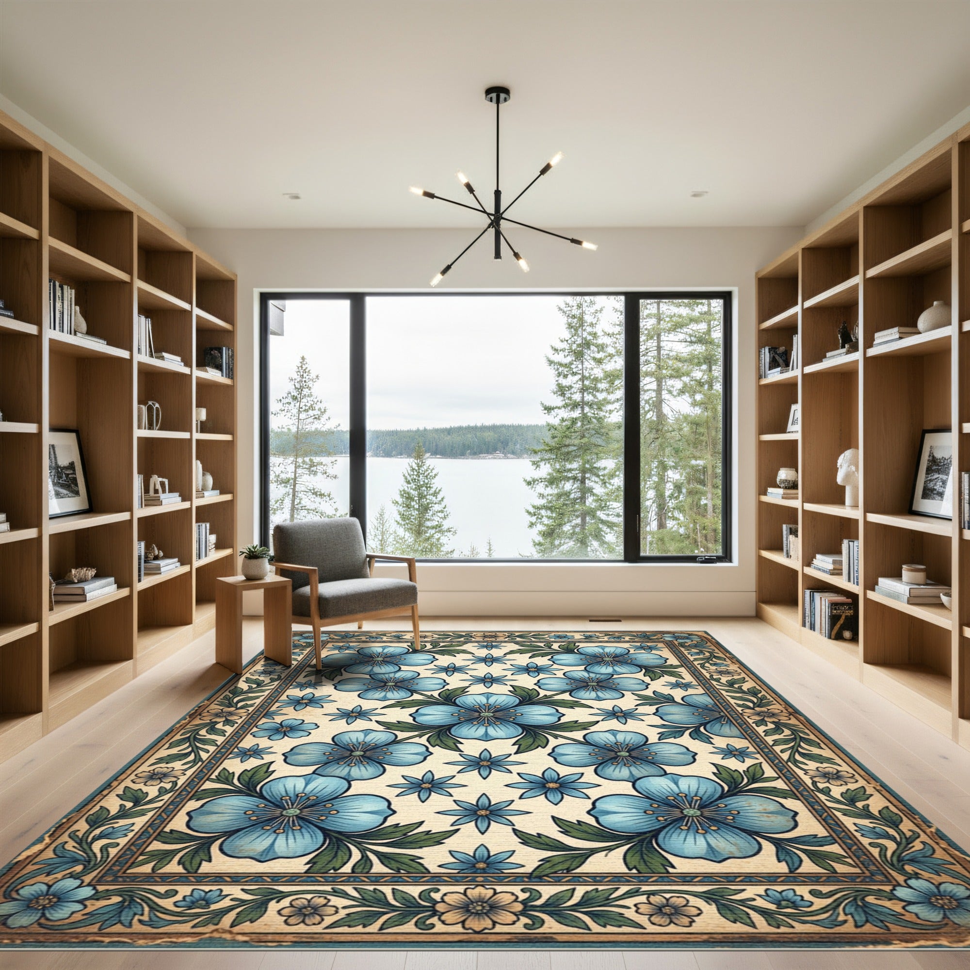 Vintage Blue Floral Botanical Tapestry Rug