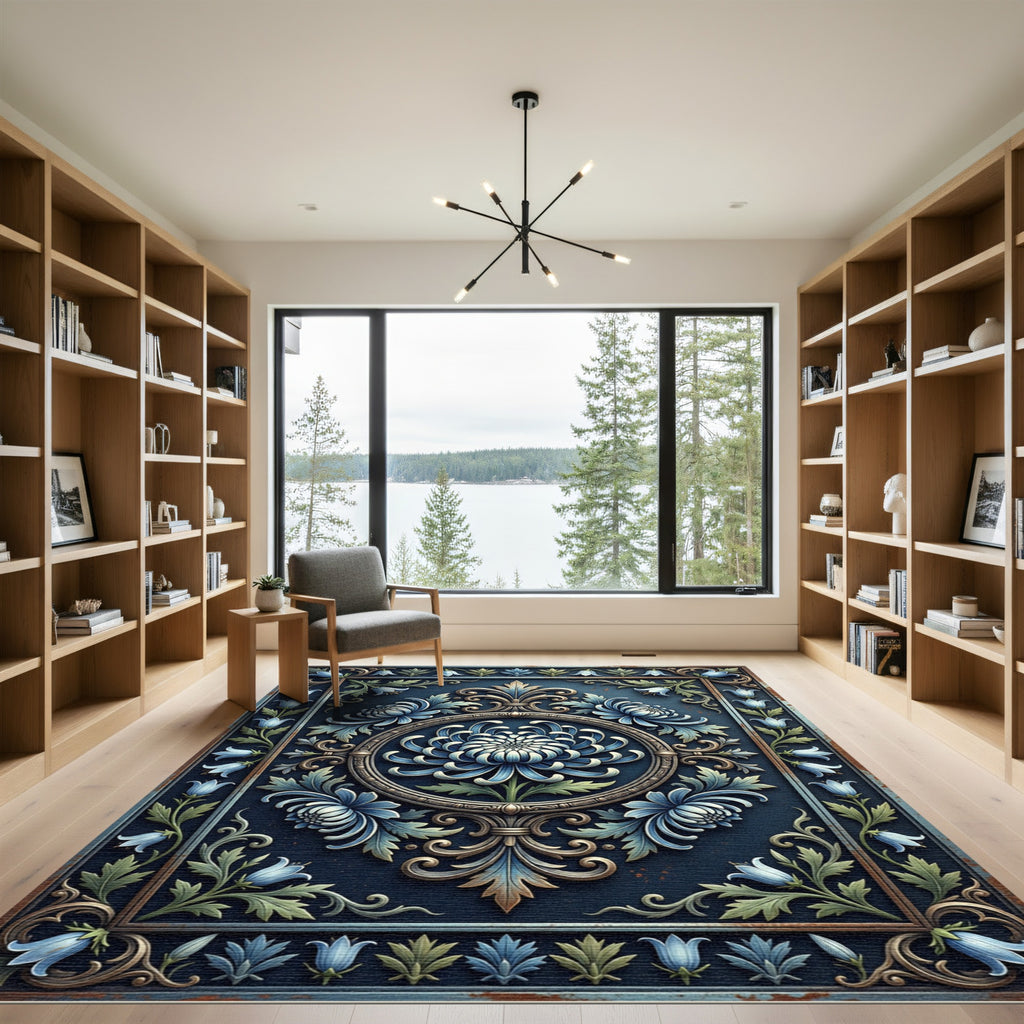 Midnight Blue Chrysanthemum Ornate Floral Crest Rug