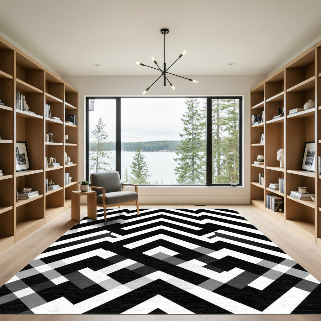 Bold Black and White Geometric Zigzag Rug