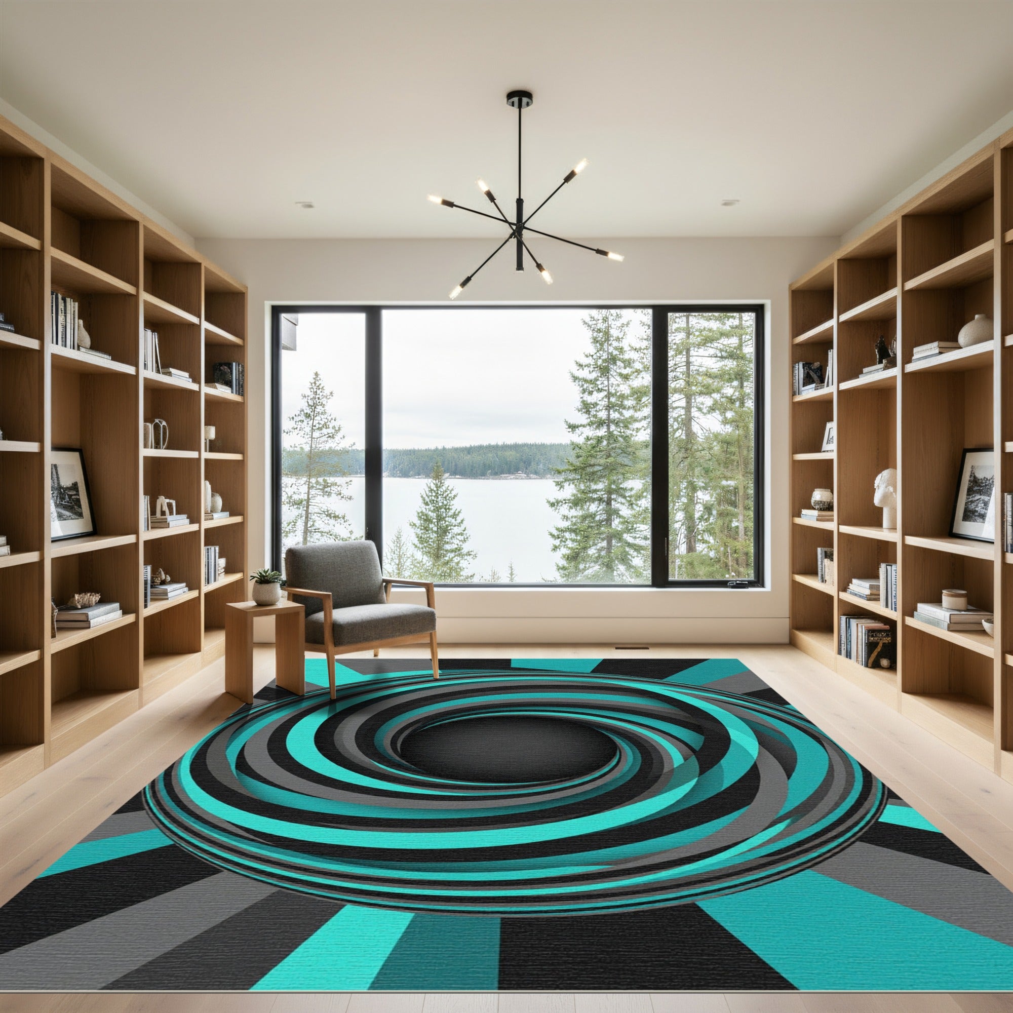 Abstract Teal and Charcoal Vortex Rug