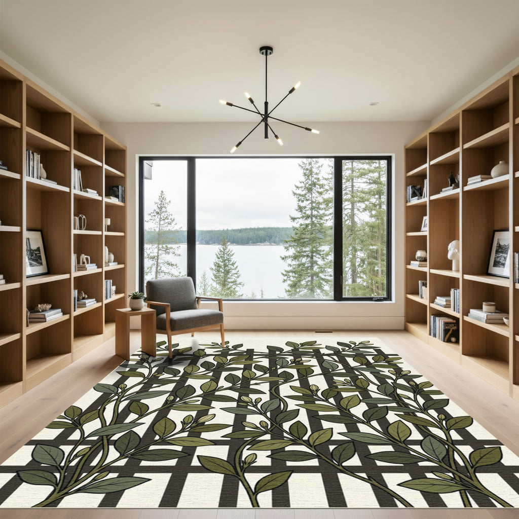 Botanical Green Leaf Trellis Grid Rug