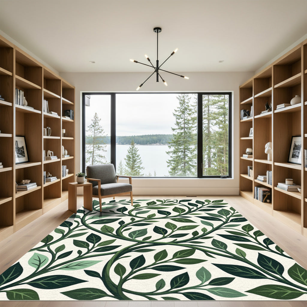 Verdant Green Vine Leaf Swirl Rug