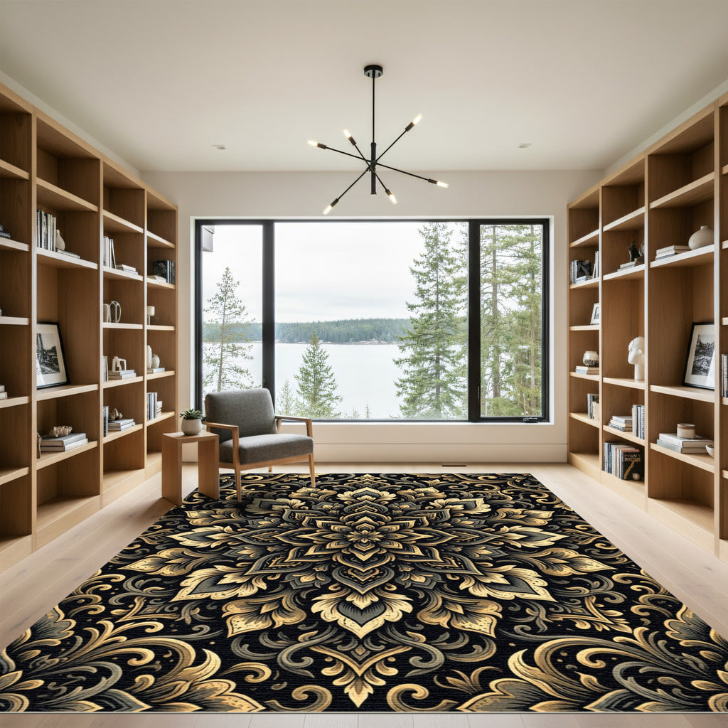 Ornate Gold and Charcoal Floral Medallion Rug