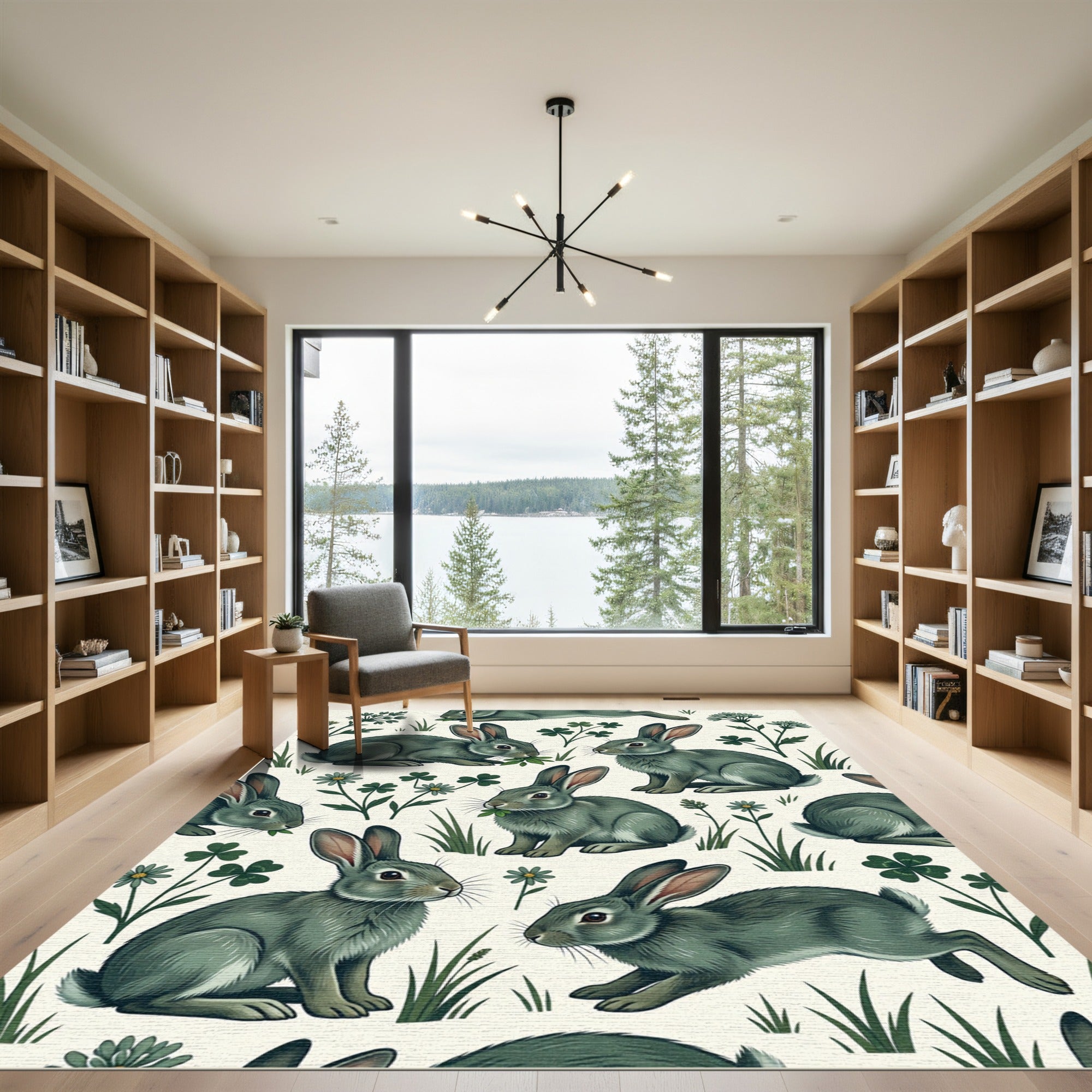 Whimsical Sage Rabbit and Clover Meadow Rug