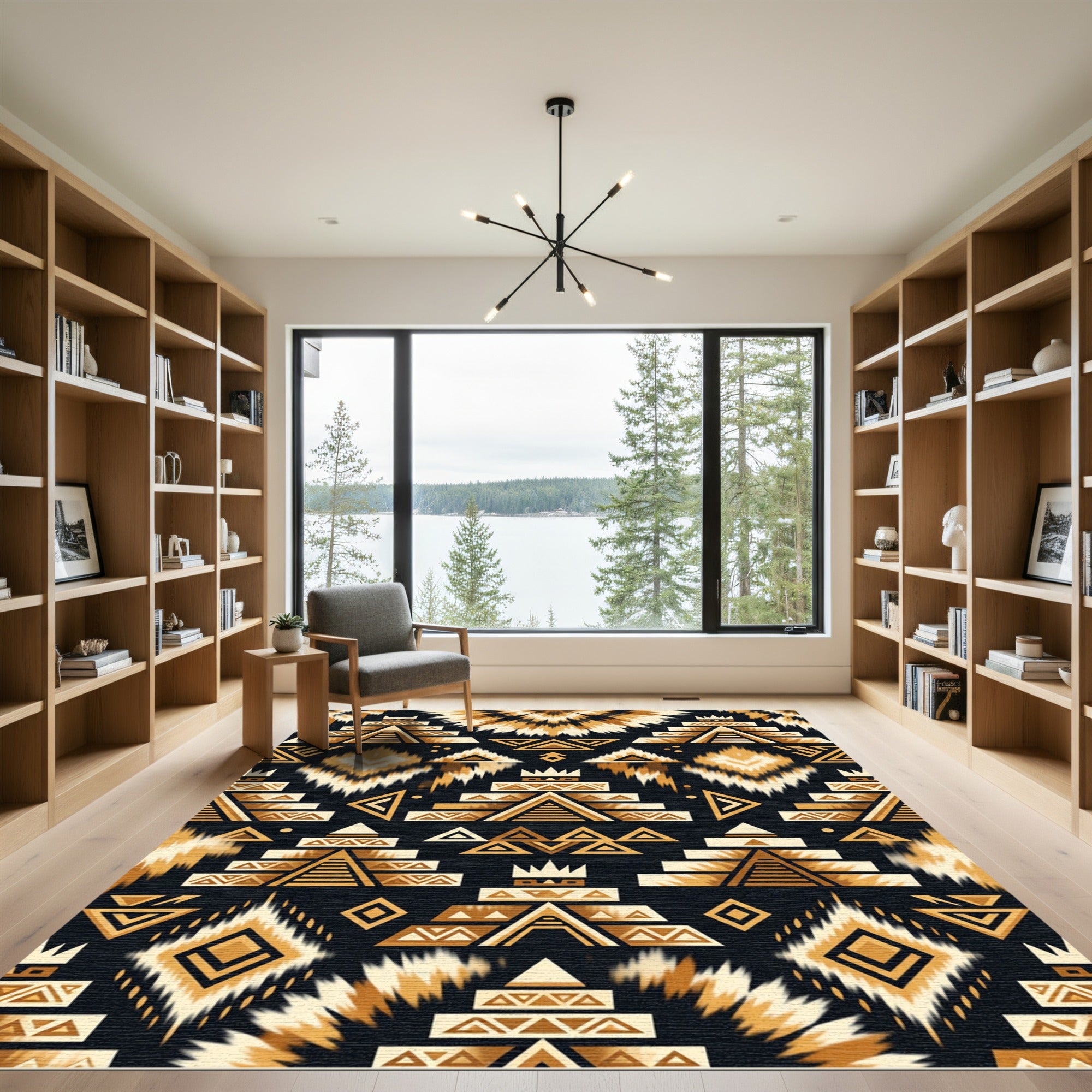 Golden Black Tribal Pyramid Sunburst Rug