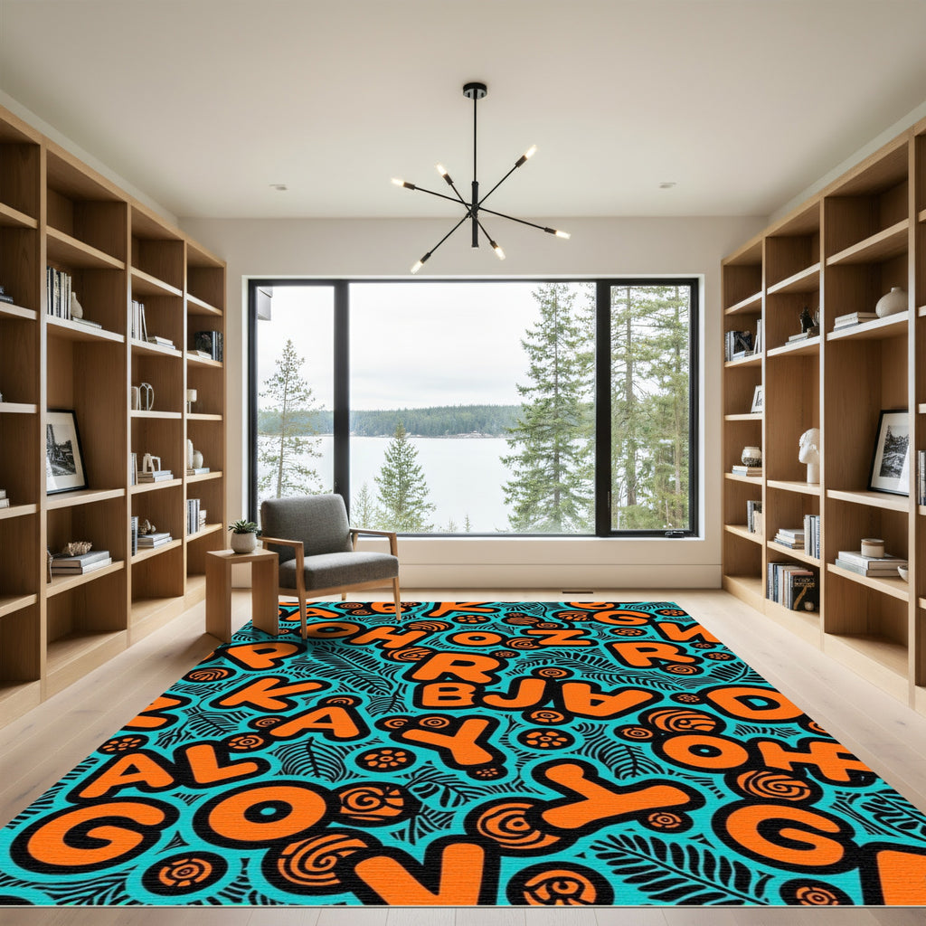 Bold Orange Alphabet Teal Background Rug