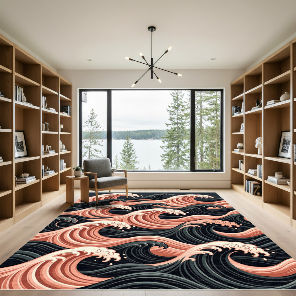 Japanese Pink and Charcoal Wave Flow Rug