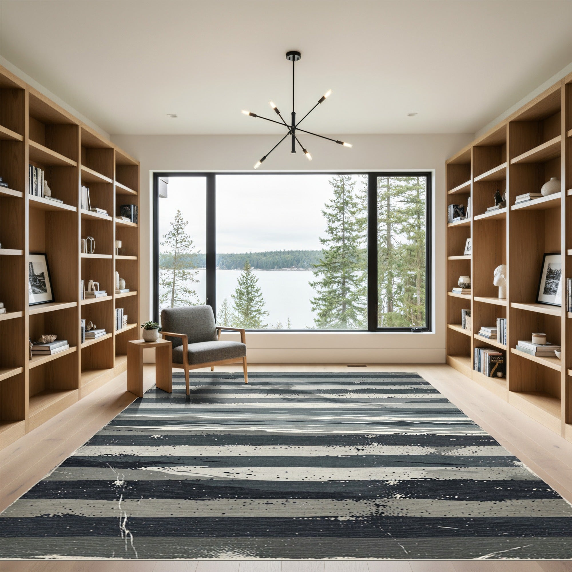 Grayscale Striped Abstract Landscape Rug
