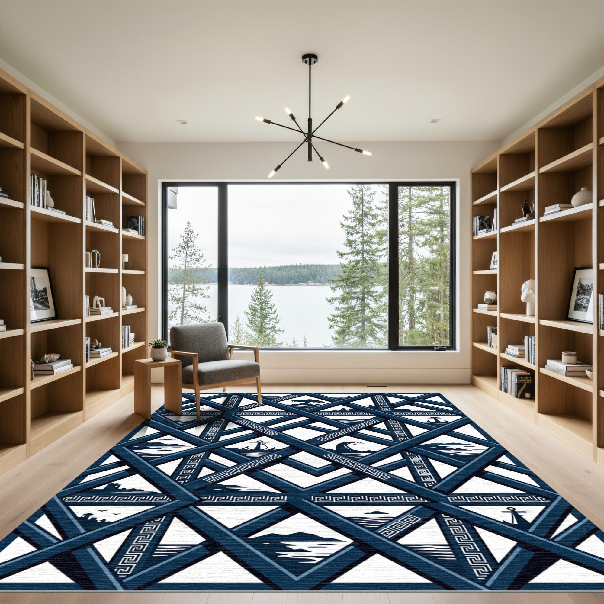 Navy Nautical Greek Key Geometric Grid Rug