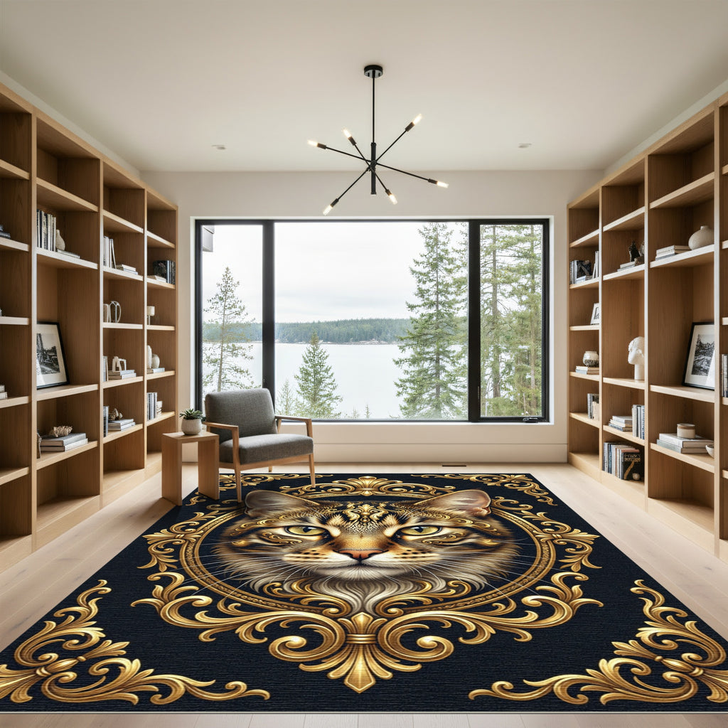 Regal Golden Cat Ornate Frame Rug