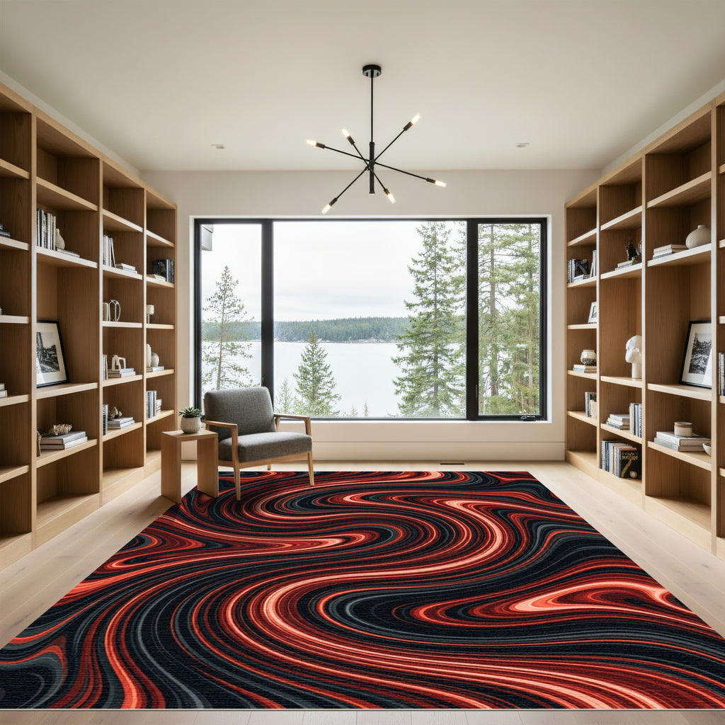 Crimson Smoke Swirl Abstract Rug