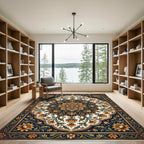 Golden Floral Medallion Navy Ornate Area Rug