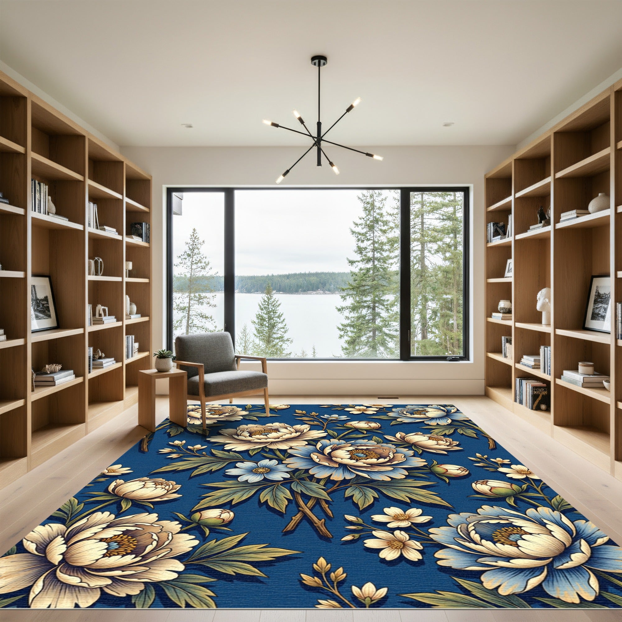 Peony Floral Blue Botanical Arrangement Rug