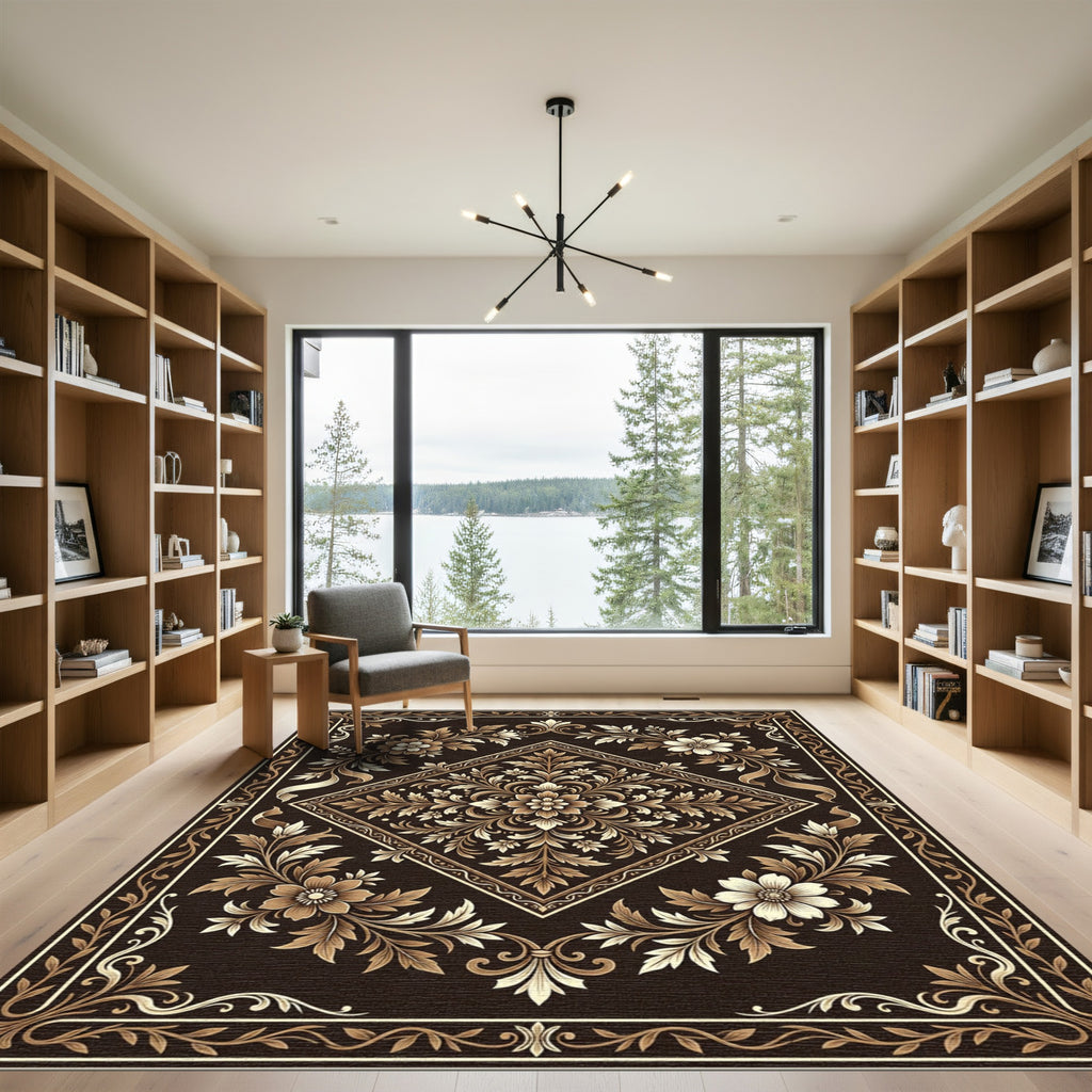 Ornate Chocolate Floral Diamond Damask Rug