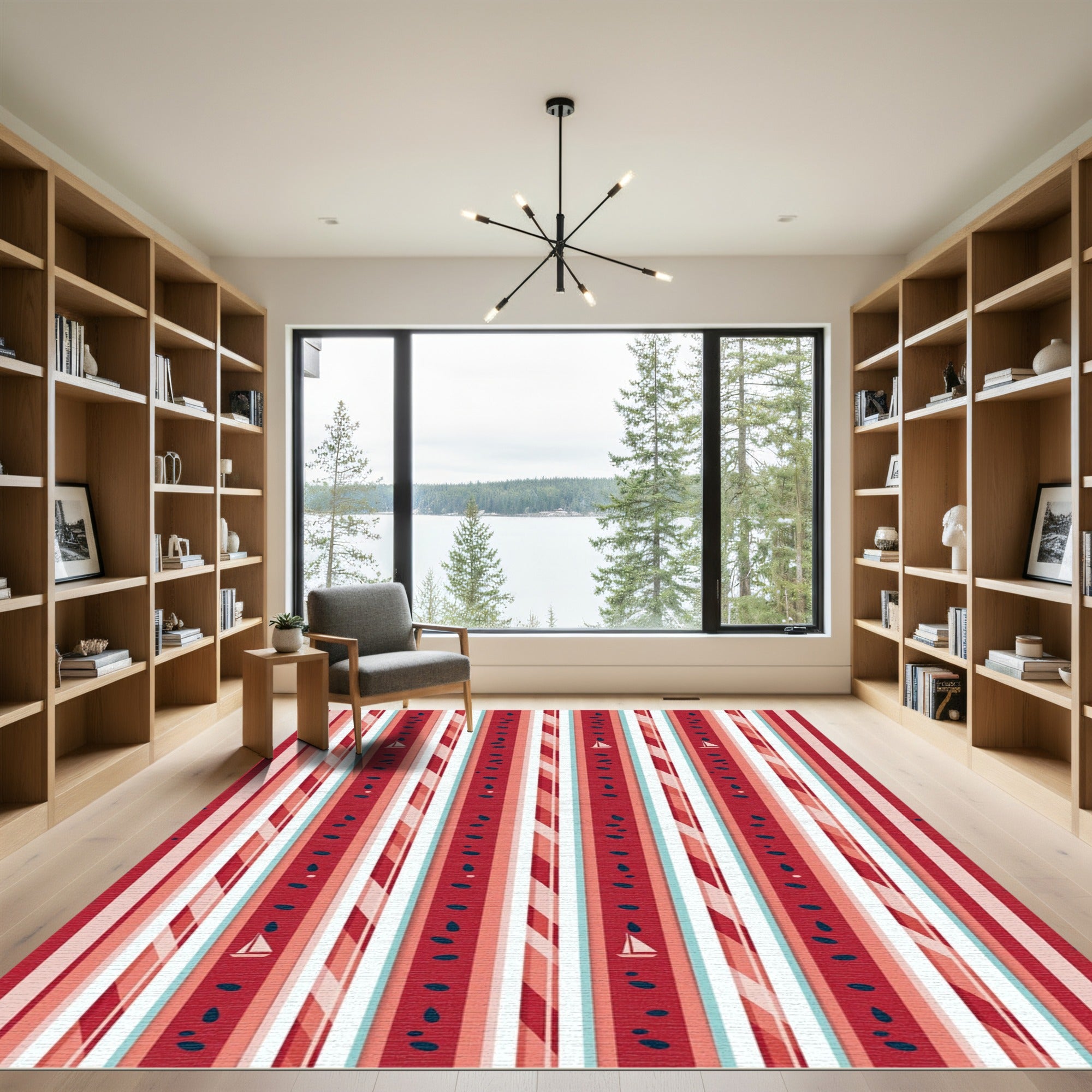 Whimsical Crimson Nautical Striped Sailboat Rug