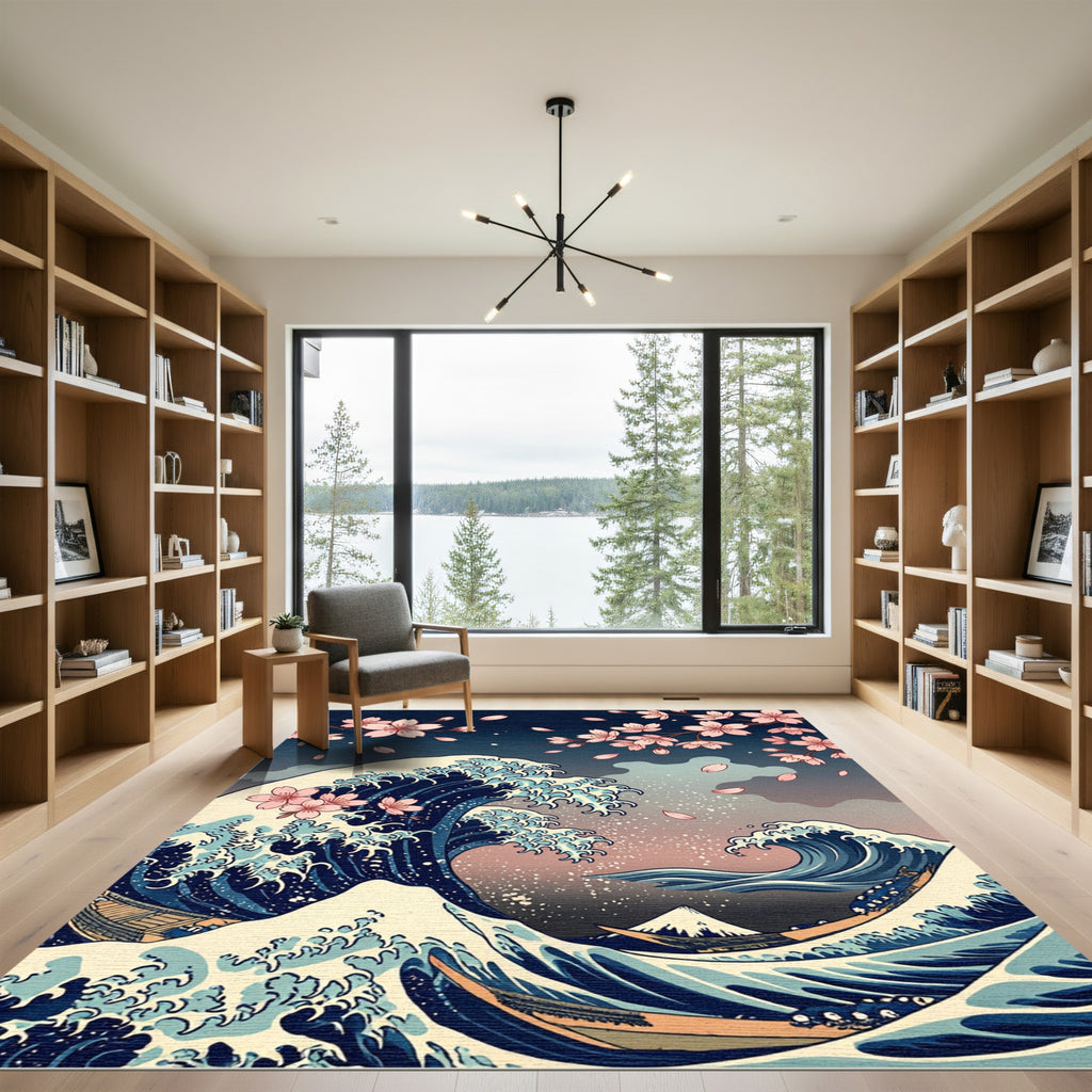 Great Wave Cherry Blossom Mountain Art Rug