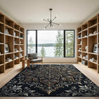 Ornate Black Golden Floral Medallion Rug