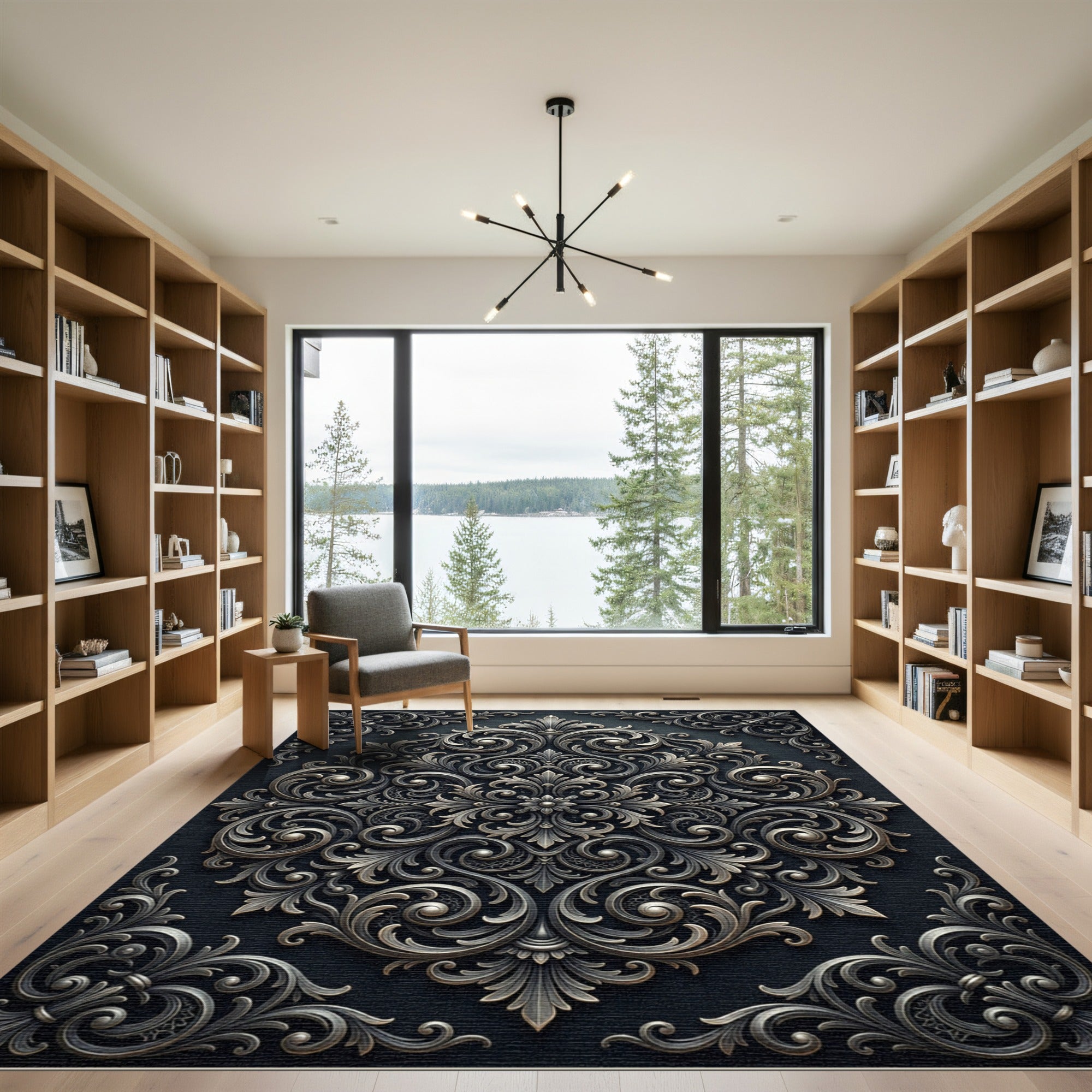 Sophisticated Silver Charcoal Ornate Damask Rug