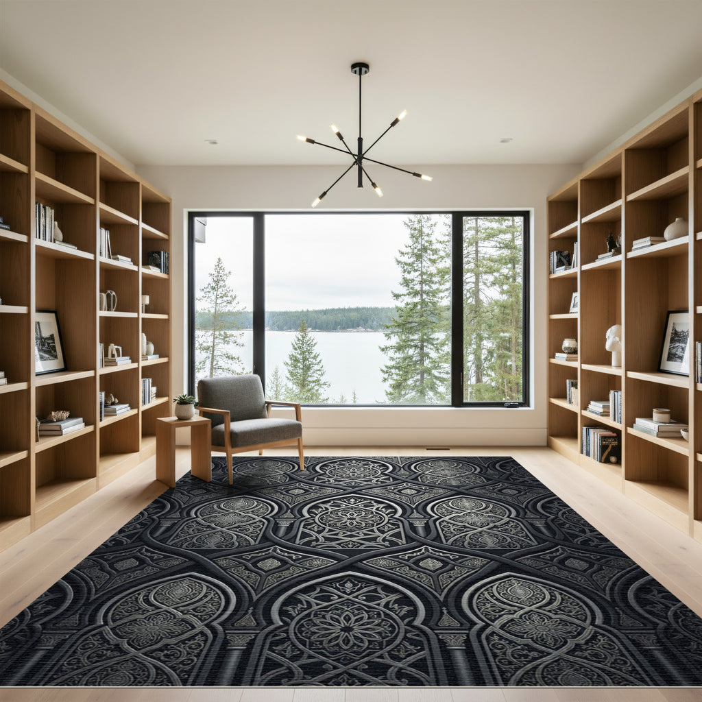 Ornate Black Silver Arch Medallion Rug