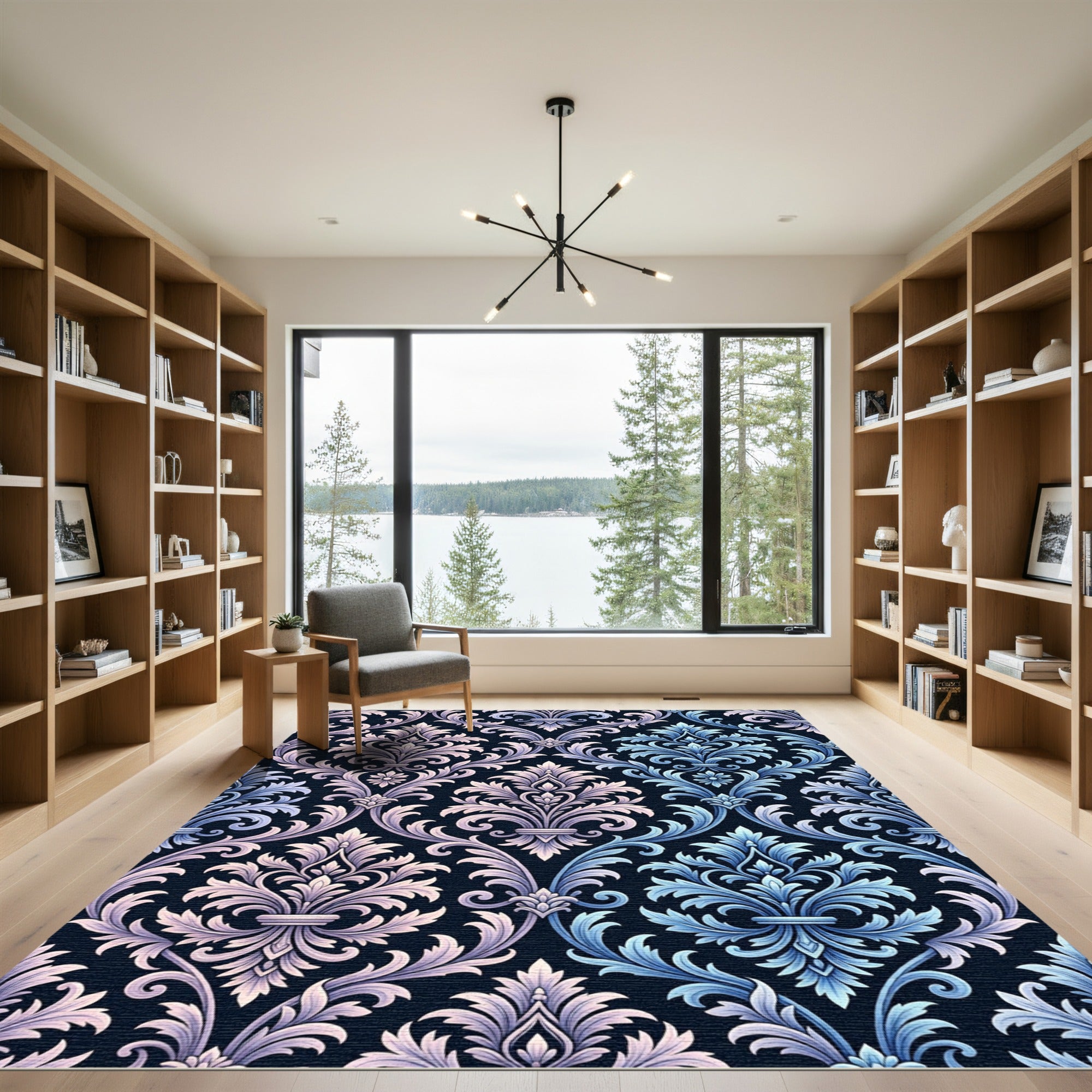 Elegant Blue Pink Damask Flourish Rug